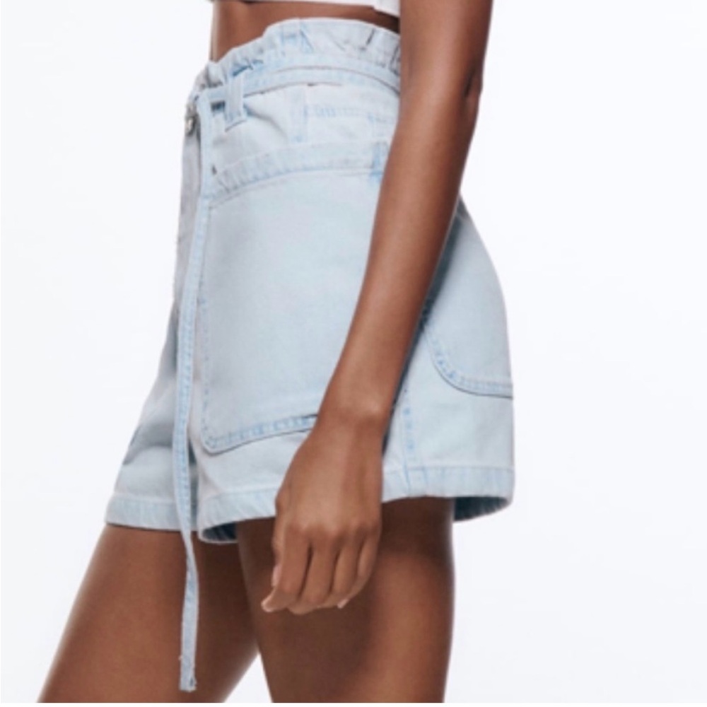 Zara Light Blue High-Waist Paperbag Denim Shorts